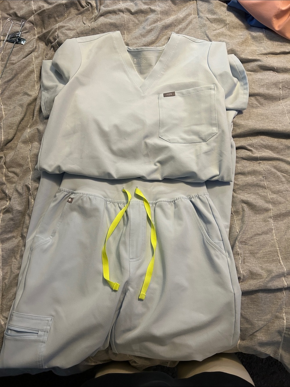 Figs Women's Light Gray Scrub Set with Neon Yellow Drawstrings